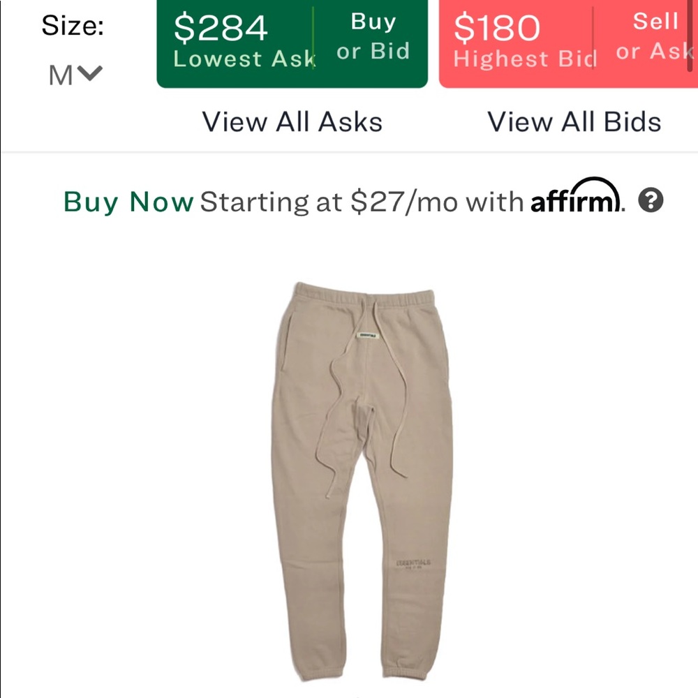 $285 FEAR OF GOD ESSENTIALS Sweatpants Tan